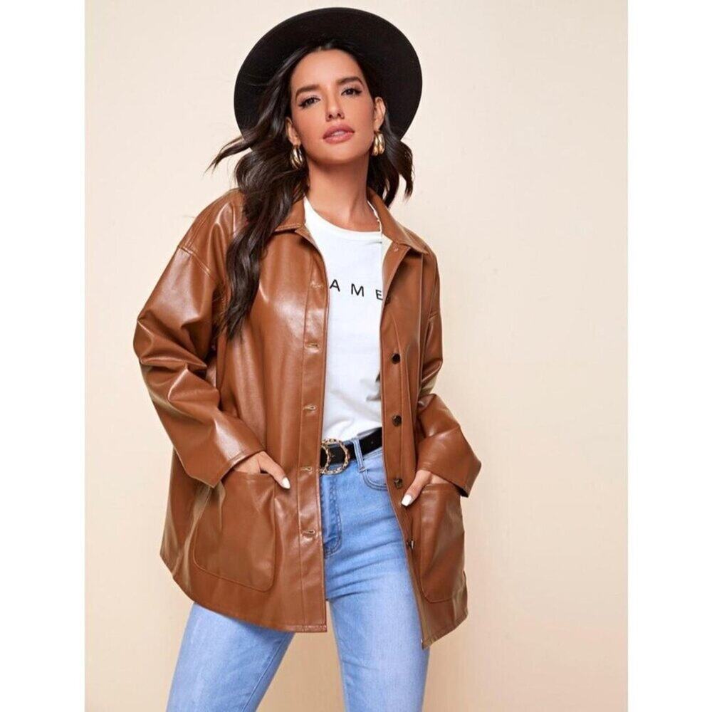 SHEIN Brown PU Faux Leather Shacket Jacket Women’s 6 Oversized Button Down